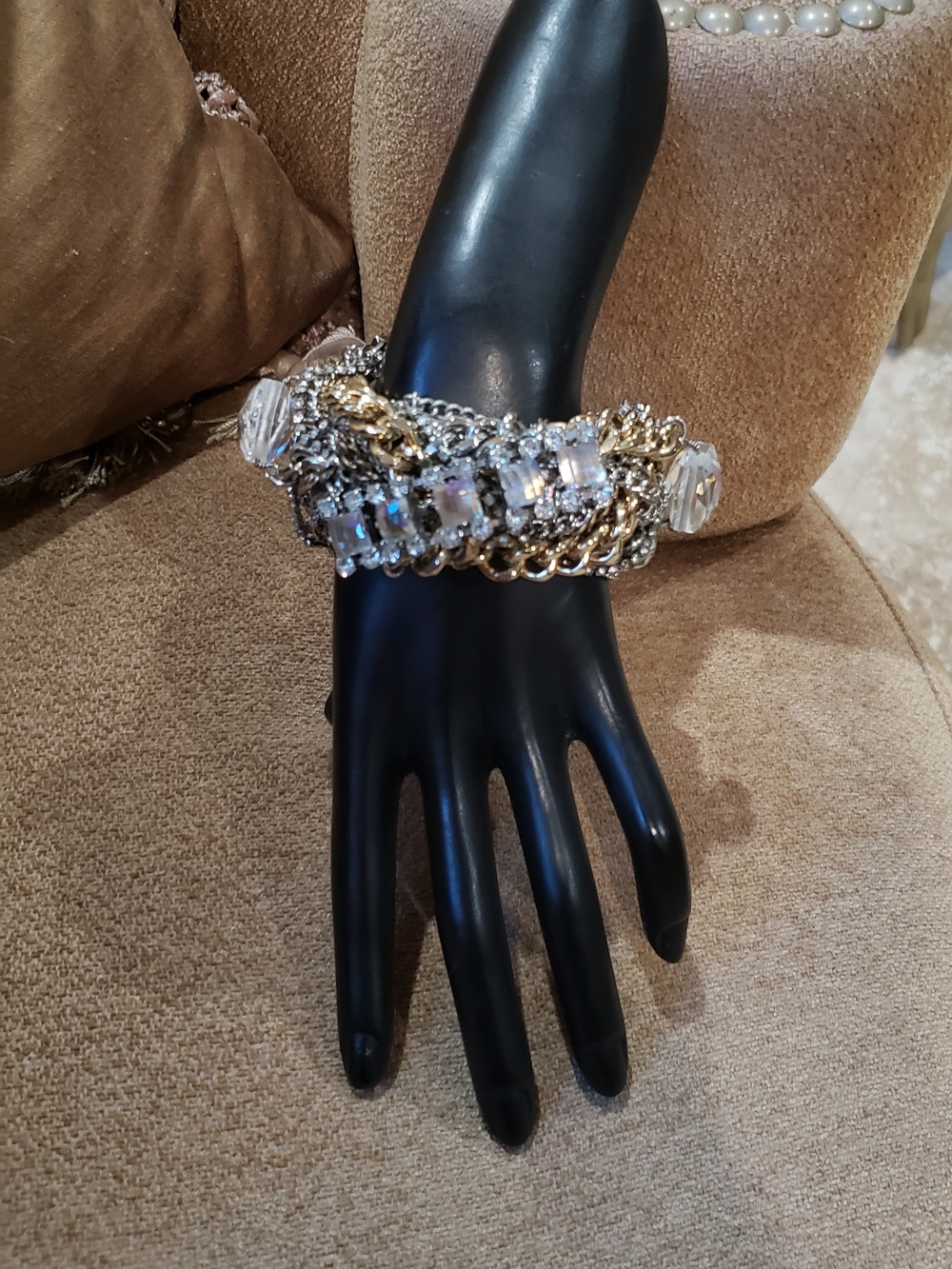 Bold Two-tone Multi-chain Bracelet With Crystal Accents